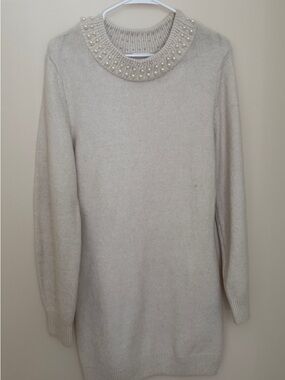 H&M Cream V-Neck Sweater Dress with Pearl Trim